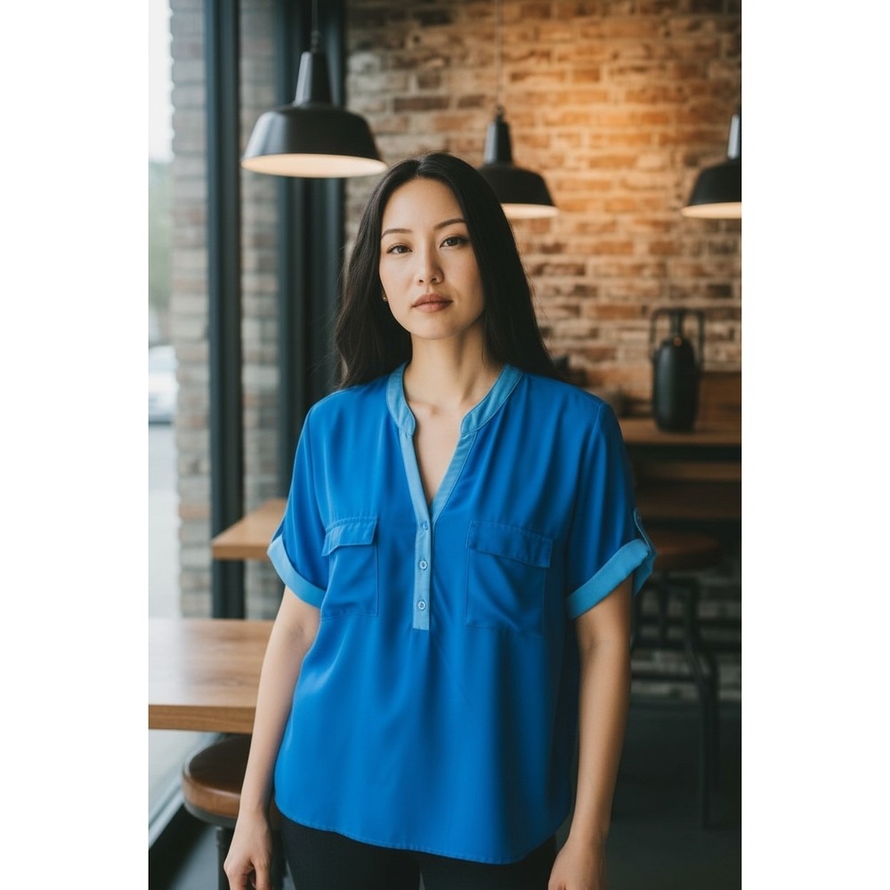 Spense Womens‎ Blue Short Sleeve V-Neck Button Blouse Two Pocket Top Size L